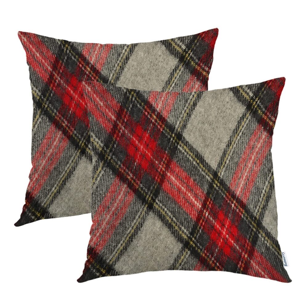 5283 Red Grey Plaid Decorative Pillow Covers, 22 x 22 Inch Red Black Gray